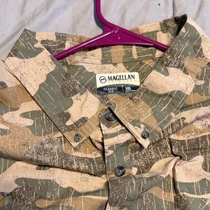 Magellan Outdoors Green and Tan Camo Button Down Shirt